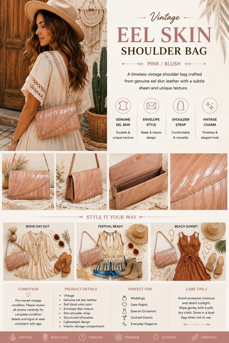Vintage Eel Skin Shoulder Bag Pink Blush Leather Clutch Convertible Evening